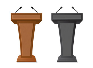 Podium rostrum with microphone for debate, speech, press conference, dispute, audience. Podium tribune with empty place for speaker, lecture.Isolated stage stand for debate.vector