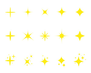 Flat yellow sparkle star.Gold twinkle stars cartoon style.Set of light firework, glow effect, bright bursts.Sparkle star with flash. Flat decoration twinkle on isolated background. vector