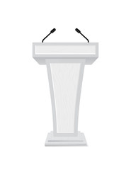 Podium rostrum with microphone for debate, speech, press conference, dispute, audience. Podium tribune with empty place for speaker, lecture.Isolated stage stand for debate.vector