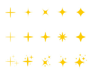 Flat yellow sparkle star.Gold twinkle stars cartoon style.Set of light firework, glow effect, bright bursts.Sparkle star with flash. Flat decoration twinkle on isolated background. vector