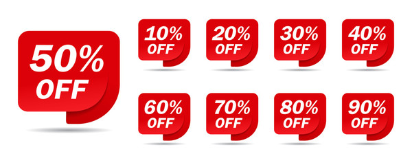 Discount sale off tag, 50, 20, 10, 40, 30, 60, 70, 80, 90 percent.Set sale offer emblem, badge price discount number. Flat offer stamp, sticker clearance sale.Finance product emblem. vector