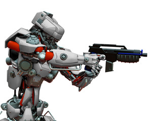 mechanical soldier aiming the pistol close up