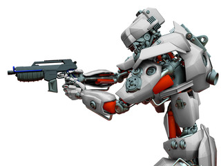 mechanical soldier aiming the pistol