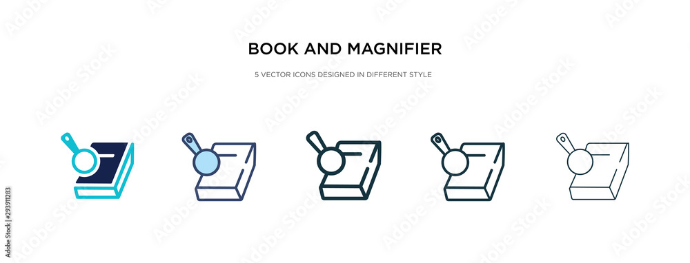 Poster book and magnifier icon in different style vector illustration. two colored and black book and magni