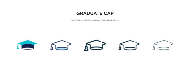 graduate cap icon in different style vector illustration. two colored and black graduate cap vector icons designed in filled, outline, line and stroke style can be used for web, mobile, ui