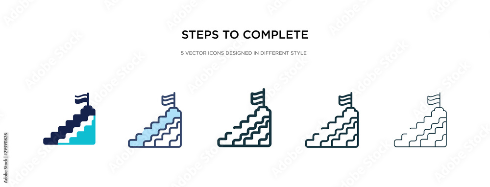 Poster steps to complete icon in different style vector illustration. two colored and black steps to comple