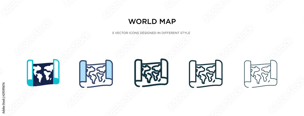 Poster world map icon in different style vector illustration. two colored and black world map vector icons 