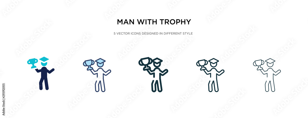 Poster man with trophy icon in different style vector illustration. two colored and black man with trophy v