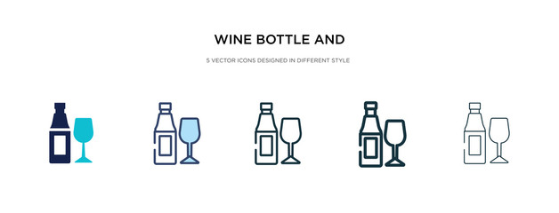 wine bottle and glass icon in different style vector illustration. two colored and black wine bottle and glass vector icons designed in filled, outline, line stroke style can be used for web,