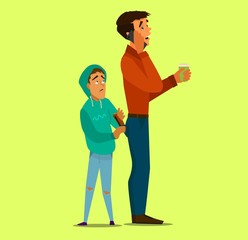 A child steals a purse from a man's back pocket. Vector illustration.