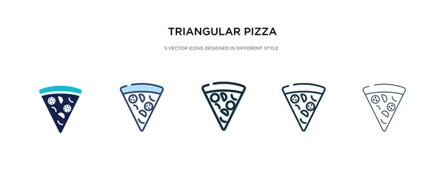triangular pizza slice icon in different style vector illustration. two colored and black triangular pizza slice vector icons designed in filled, outline, line and stroke style can be used for web,