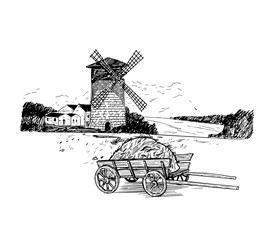 set of hand drawn illustrations of windmills and flour. sketches for the design of cafes, restaurants, food packages. bread collection