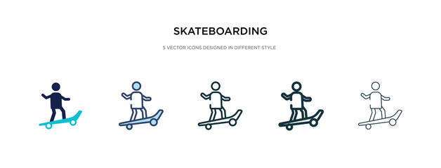 skateboarding icon in different style vector illustration. two colored and black skateboarding vector icons designed in filled, outline, line and stroke style can be used for web, mobile, ui