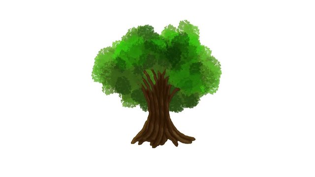 Animation of a strong tree (oak or sequoia): it appears as a short trunk that suddenly grows, then a majestic crown expands and flourishes. Symbolic meaning: growth, strength, values.
