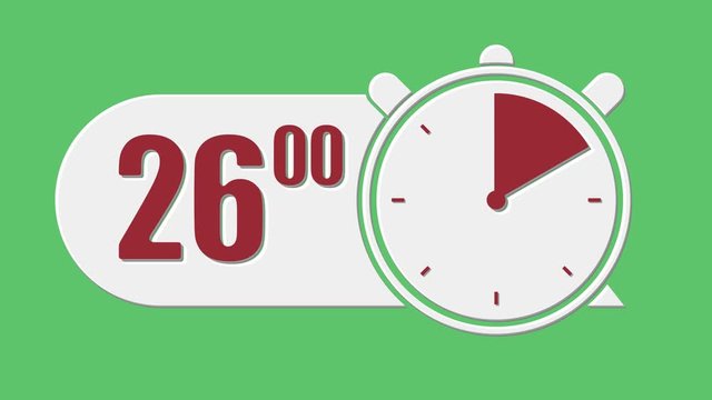 Animation: a neat countdown timer going from thirty to zero, with numbers (seconds, fractions) and visual cues (a stopwatch becoming red). Green background.

