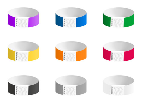 Vector set of cheap empty bracelets or wristbands in most common colors. Sticky hand entrance event paper bracelet isolated on white. Templates or mock-ups suitable for various uses of identification.
