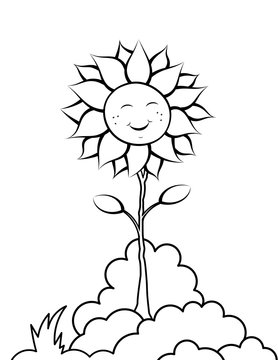 happy cartoon sunflower illustration. black and white