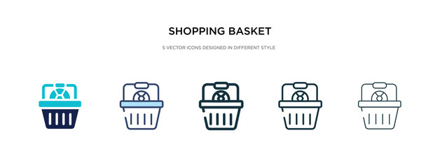 shopping basket icon in different style vector illustration. two colored and black shopping basket vector icons designed in filled, outline, line and stroke style can be used for web, mobile, ui