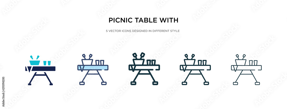 Poster picnic table with basket icon in different style vector illustration. two colored and black picnic t