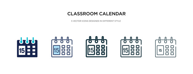 classroom calendar icon in different style vector illustration. two colored and black classroom calendar vector icons designed in filled, outline, line and stroke style can be used for web, mobile,