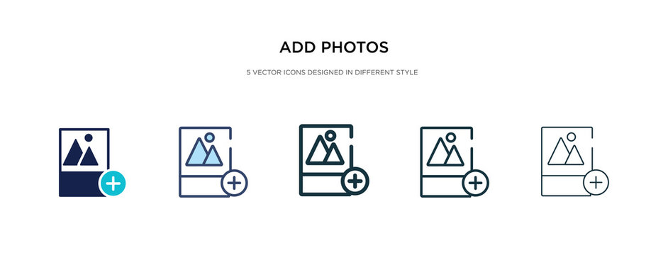 add photos icon in different style vector illustration. two colored and black add photos vector icons designed in filled, outline, line and stroke style can be used for web, mobile, ui