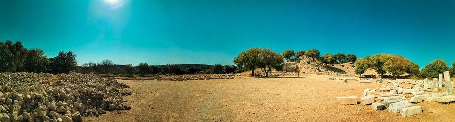 ancient teos city ruins surrounded by olive trees panoramic