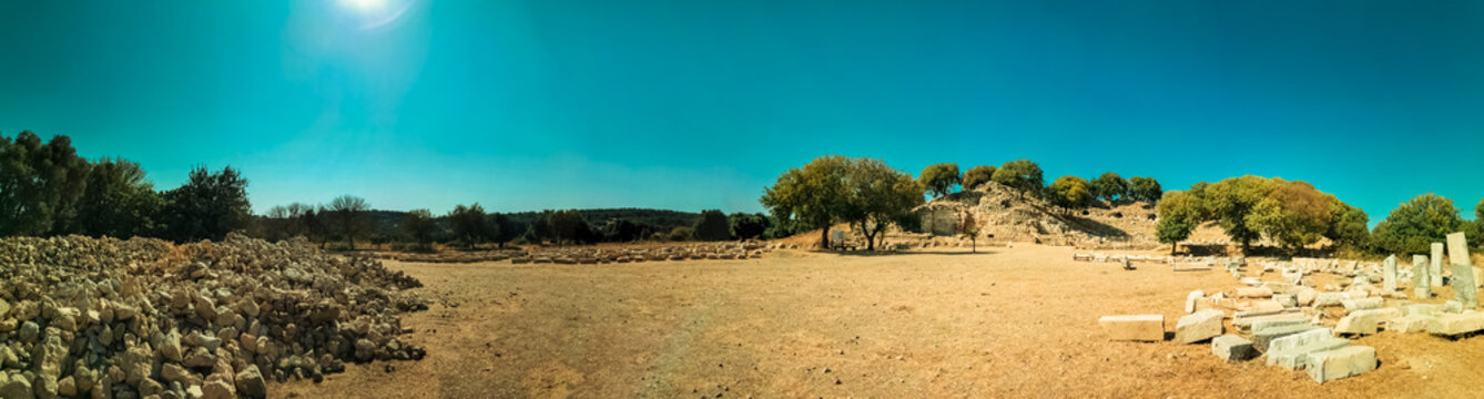 ancient teos city ruins surrounded by olive trees panoramic