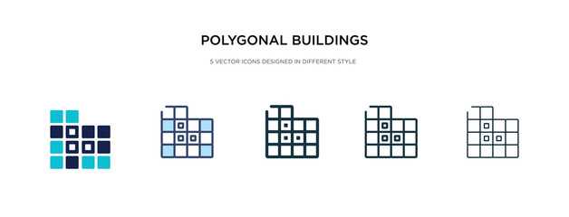 polygonal buildings of small triangles icon in different style vector illustration. two colored and black polygonal buildings of small triangles vector icons designed in filled, outline, line and