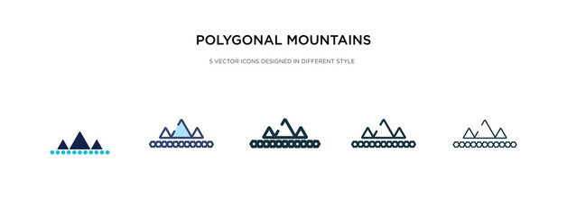 polygonal mountains icon in different style vector illustration. two colored and black polygonal mountains vector icons designed in filled, outline, line and stroke style can be used for web,
