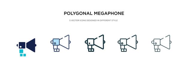 polygonal megaphone icon in different style vector illustration. two colored and black polygonal megaphone vector icons designed in filled, outline, line and stroke style can be used for web,