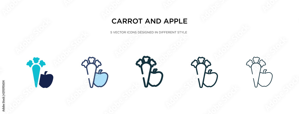 Poster carrot and apple icon in different style vector illustration. two colored and black carrot and apple