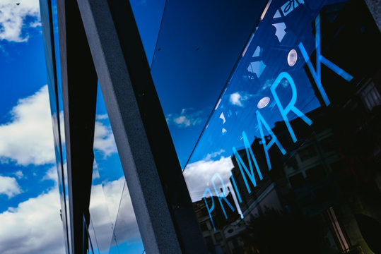 Valencia, Spain - February 2, 2019: Facade of the first Primark low cost fashion clothing store in Valencia.