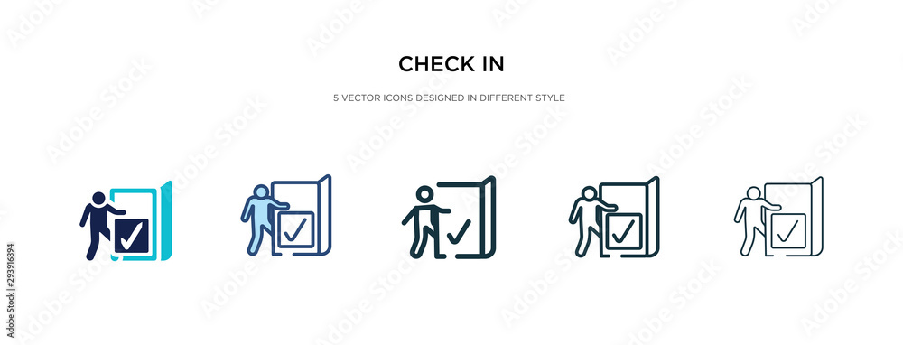 Poster check in icon in different style vector illustration. two colored and black check in vector icons de
