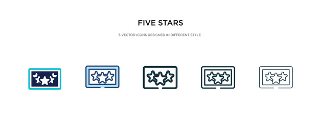 five stars icon in different style vector illustration. two colored and black five stars vector icons designed in filled, outline, line and stroke style can be used for web, mobile, ui