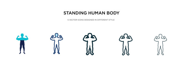 standing human body icon in different style vector illustration. two colored and black standing human body vector icons designed in filled, outline, line and stroke style can be used for web,