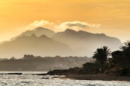Sunset on Isla Plana beach in Cartagena, Murcia