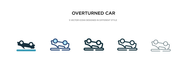 overturned car icon in different style vector illustration. two colored and black overturned car vector icons designed in filled, outline, line and stroke style can be used for web, mobile, ui