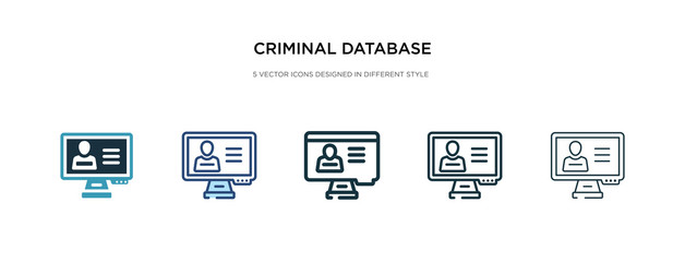 criminal database icon in different style vector illustration. two colored and black criminal database vector icons designed in filled, outline, line and stroke style can be used for web, mobile, ui
