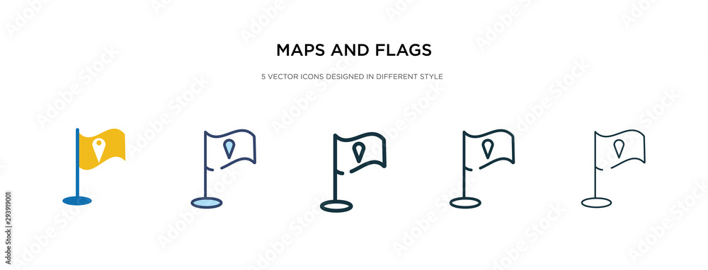 Poster maps and flags icon in different style vector illustration. two colored and black maps and flags vec