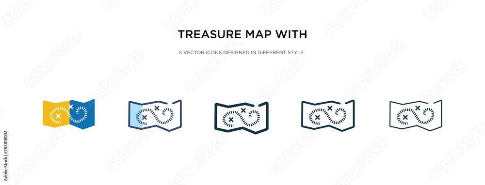 Poster treasure map with x icon in different style vector illustration. two colored and black treasure map 