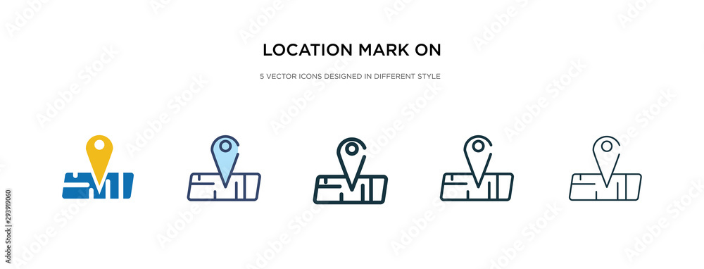 Poster location mark on printed map icon in different style vector illustration. two colored and black loca