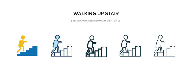 walking up stair icon in different style vector illustration. two colored and black walking up stair vector icons designed in filled, outline, line and stroke style can be used for web, mobile, ui