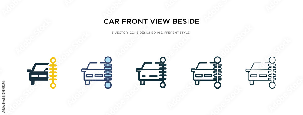 Poster car front view beside a traffic meter icon in different style vector illustration. two colored and b