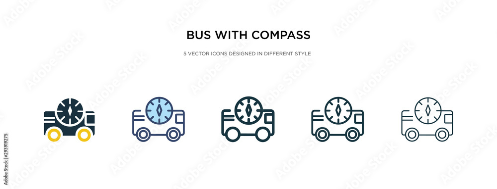 Poster bus with compass icon in different style vector illustration. two colored and black bus with compass