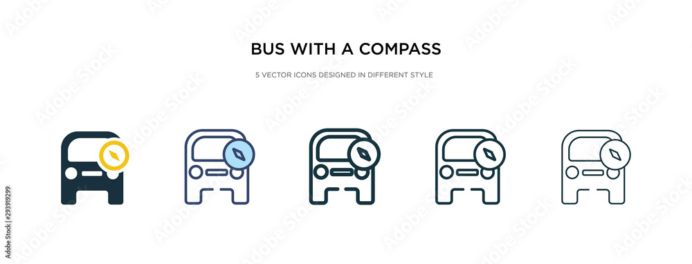 Poster bus with a compass icon in different style vector illustration. two colored and black bus with a com