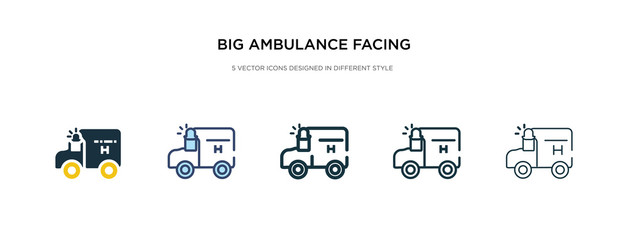big ambulance facing left icon in different style vector illustration. two colored and black big ambulance facing left vector icons designed in filled, outline, line and stroke style can be used for