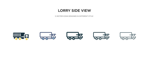 lorry side view icon in different style vector illustration. two colored and black lorry side view vector icons designed in filled, outline, line and stroke style can be used for web, mobile, ui