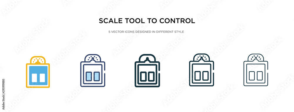 Aufkleber scale tool to control body weight standing on it icon in different style vector illustration. two co