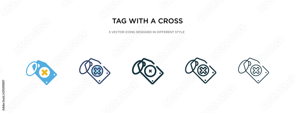 Poster tag with a cross icon in different style vector illustration. two colored and black tag with a cross