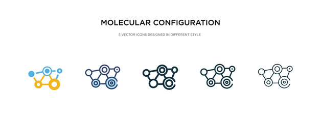 molecular configuration icon in different style vector illustration. two colored and black molecular configuration vector icons designed in filled, outline, line and stroke style can be used for